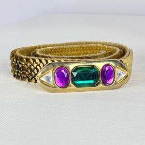 Statement Day-Lor Gold Metal Mesh Jeweled Buckle Belt Emerald Purple Cabochon